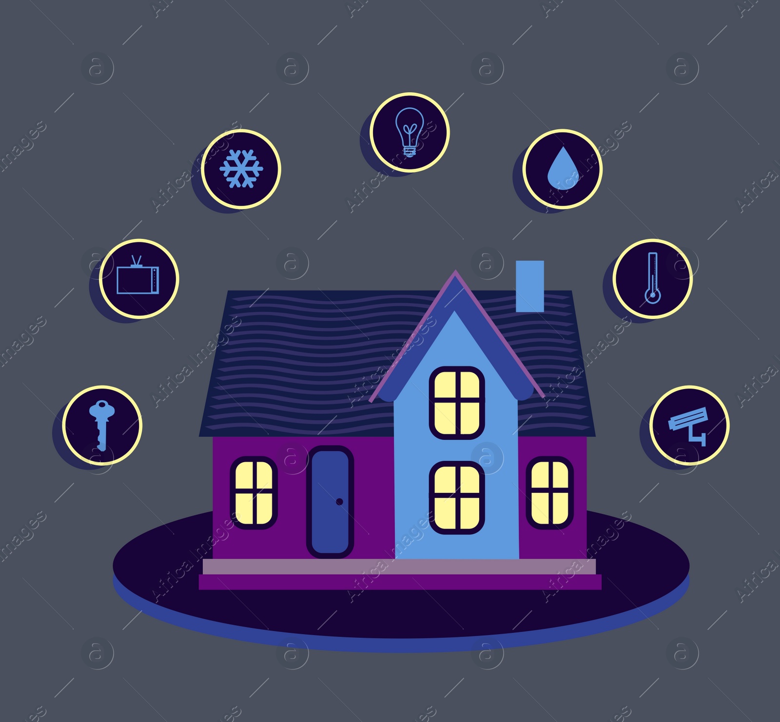 Image of Illustration of smart home technology with automatic systems and icons on grey background