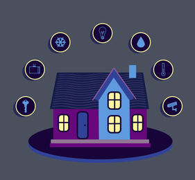 Illustration of smart home technology with automatic systems and icons on grey background