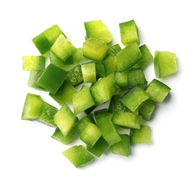 Photo of Pile of chopped green bell pepper on white background, top view