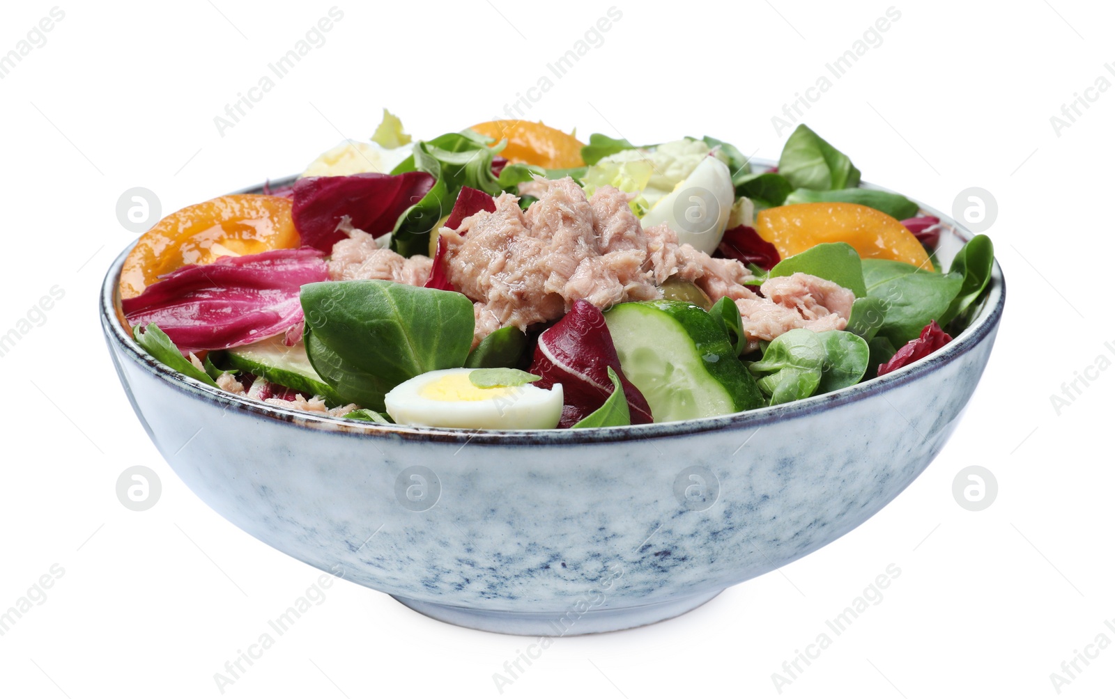 Photo of Bowl of delicious salad with canned tuna and vegetables on white background