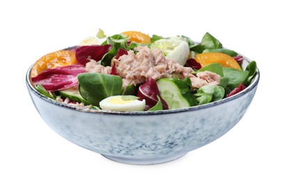 Photo of Bowl of delicious salad with canned tuna and vegetables on white background