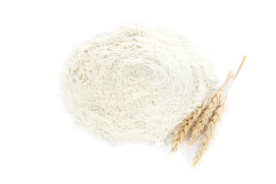 Photo of Organic flour and spikelets isolated on white