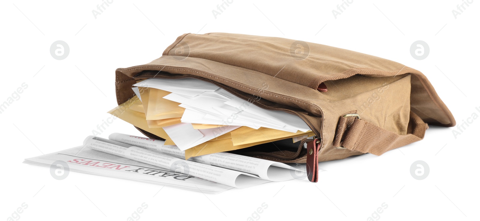 Photo of Brown postman bag with mails and newspapers on white background