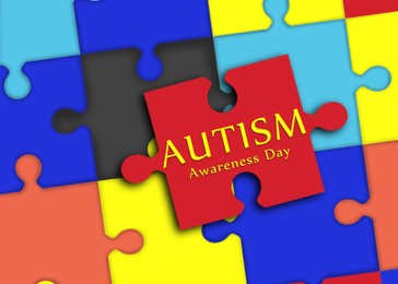 Illustration of World Autism Awareness Day. Many colorful puzzle pieces, top view