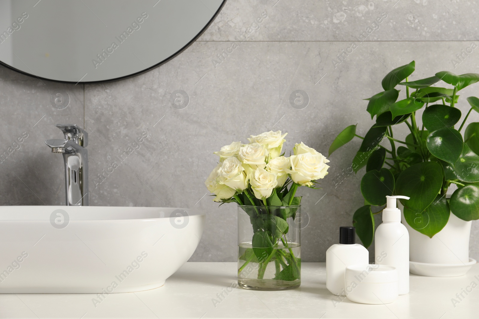 Photo of Beautiful roses, houseplant and bath accessories near sink in bathroom