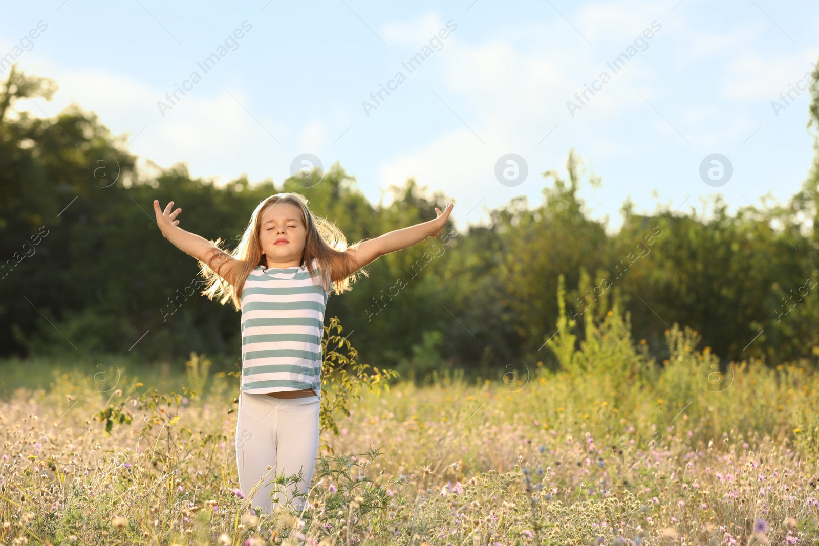 Photo of Cute little girl outdoors on sunny day. Child spending time in nature