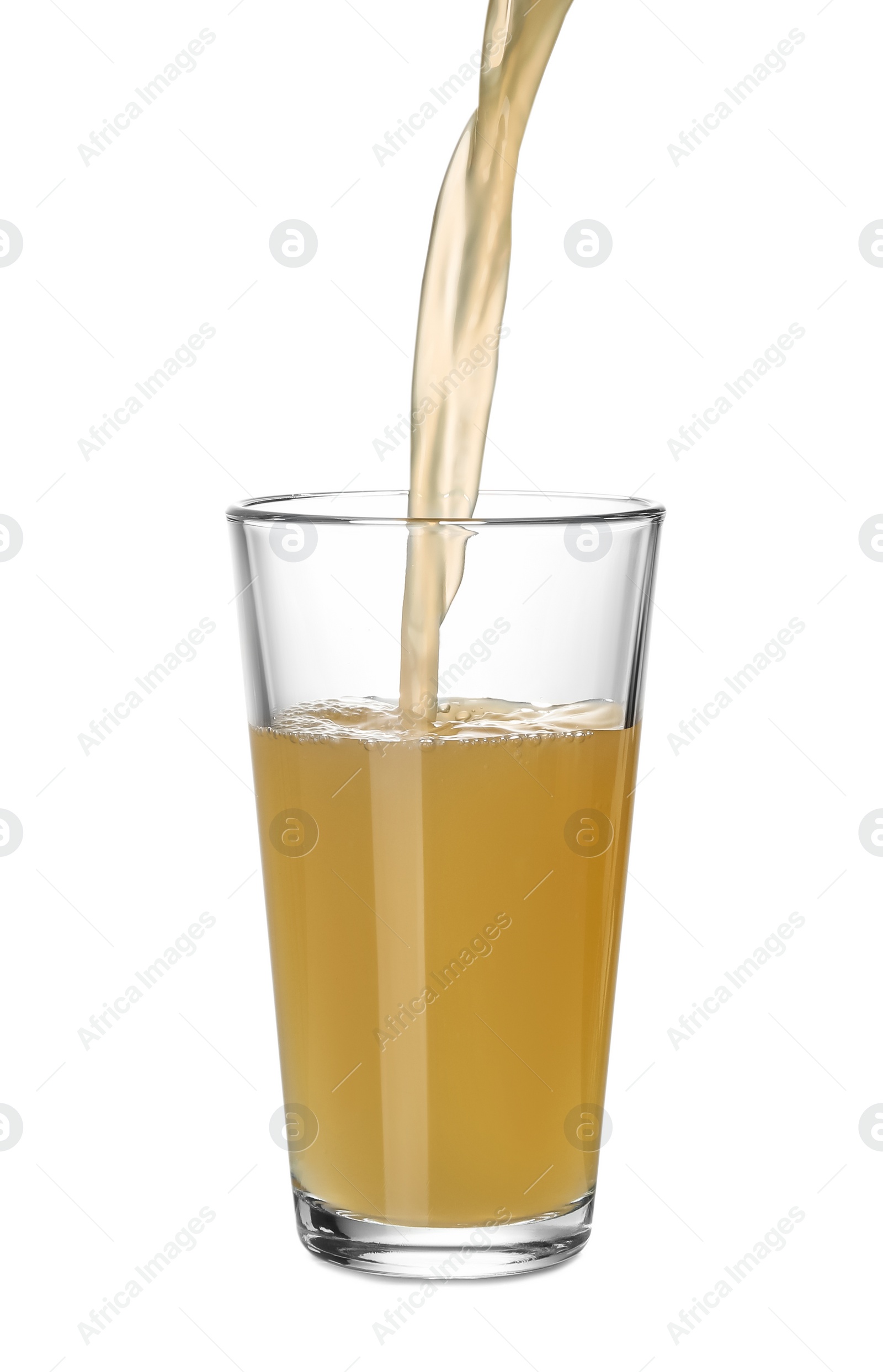 Photo of Pouring fresh juice into glass on white background