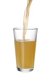 Photo of Pouring fresh juice into glass on white background