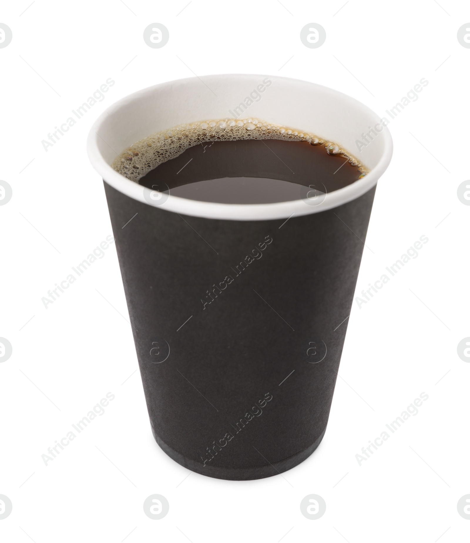 Photo of Black paper cup with hot drink isolated on white. Coffee to go