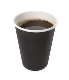 Black paper cup with hot drink isolated on white. Coffee to go