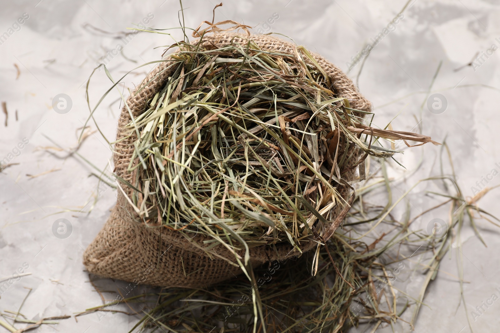 Photo of Dried hay in burlap sack on light grey textured table, above view