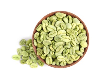 Photo of Wooden bowl with green coffee beans on white background, top view