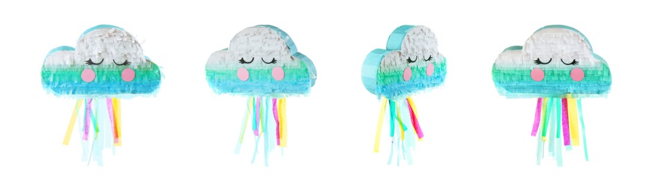 Image of Set with cloud shaped pinatas on white background. Banner design