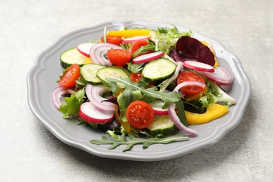 Photo of Balanced diet and vegetarian foods. Plate with different delicious products on grey table