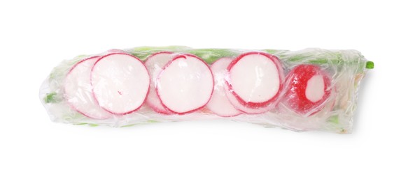 Photo of Tasty spring roll wrapped in rice paper isolated on white, top view