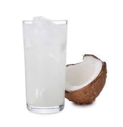 Photo of Glass of coconut water, ice cubes and nut isolated on white