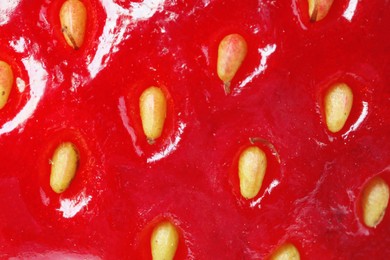 Texture of ripe strawberry as background, macro view. Fresh berry