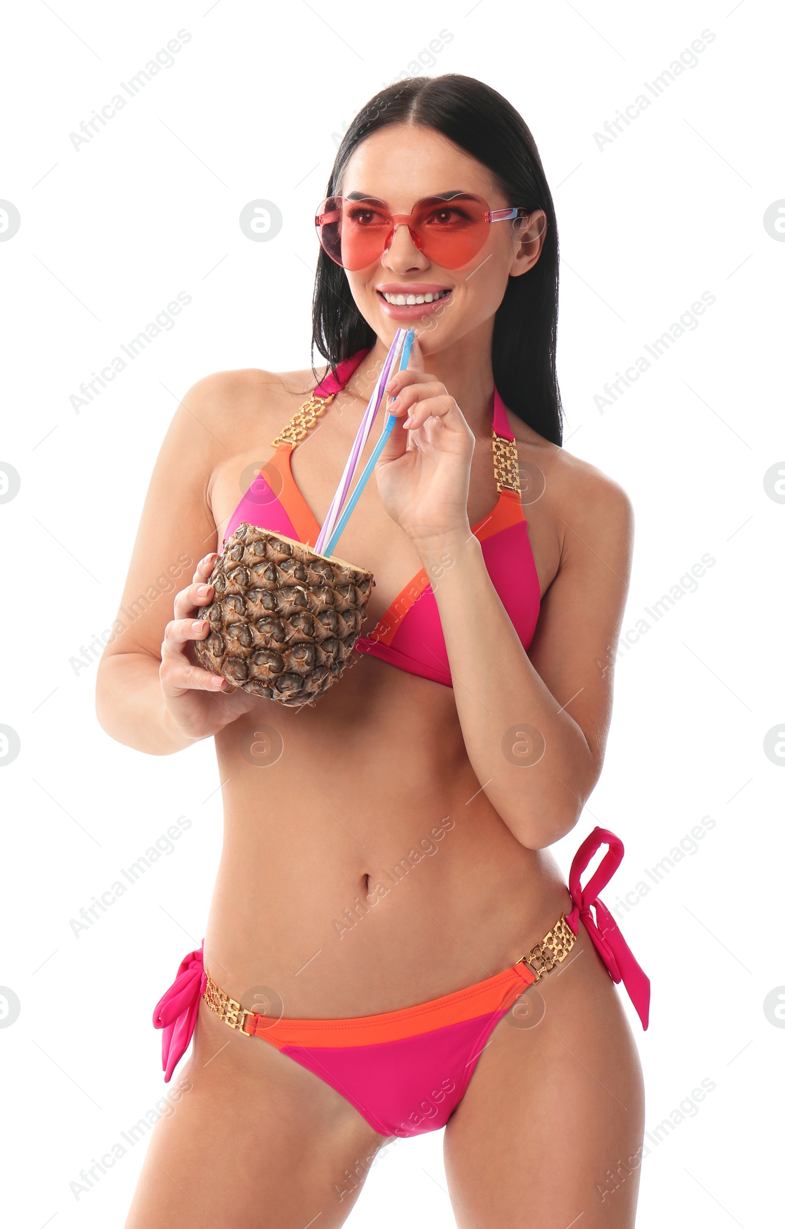 Photo of Beautiful young woman in stylish bikini with cocktail on white background