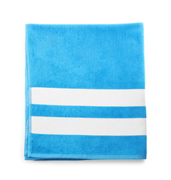 Photo of Blue towel isolated on white, top view. Beach object