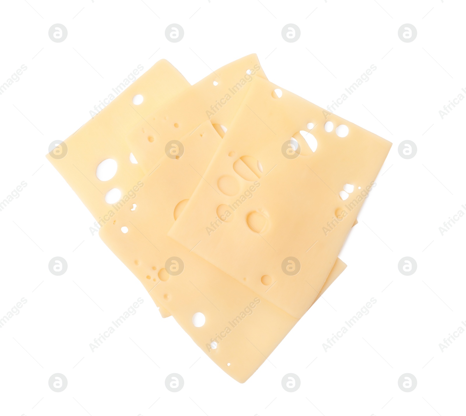 Photo of Slices of tasty fresh cheese isolated on white, top view