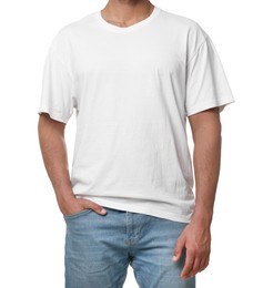Photo of Man wearing t-shirt on white background, closeup