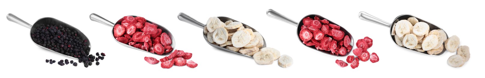 Image of Set with different freeze dried berries and bananas on white background. Banner design