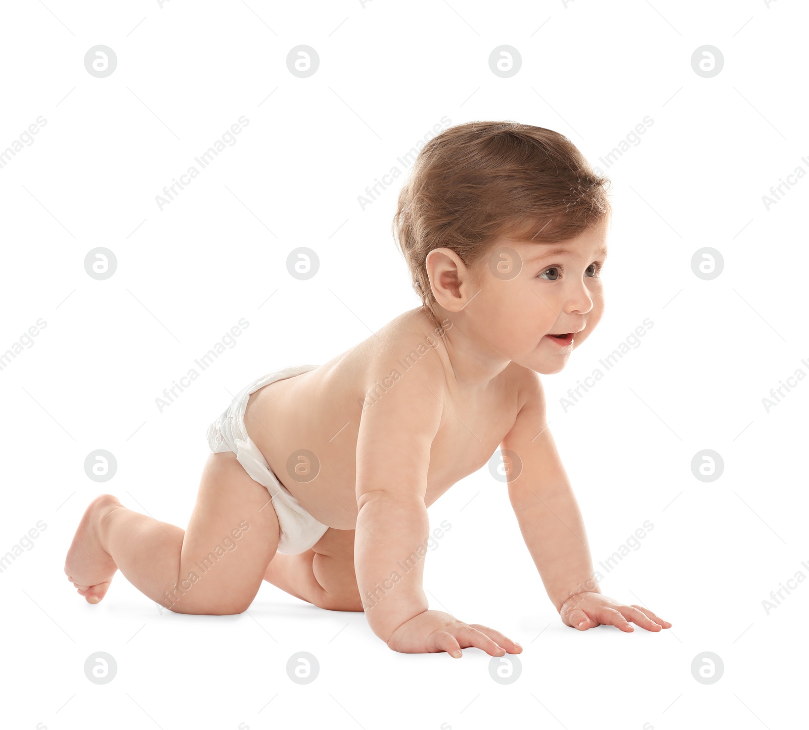 Photo of Cute little baby in diaper on white background