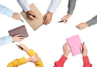 Image of Collage with photos of people holding pens on white background