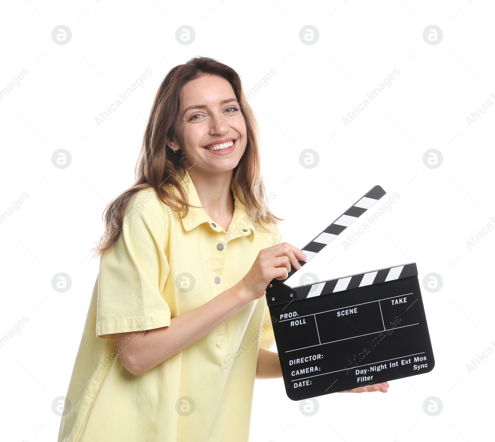 Photo of Making movie. Smiling woman with clapperboard on white background