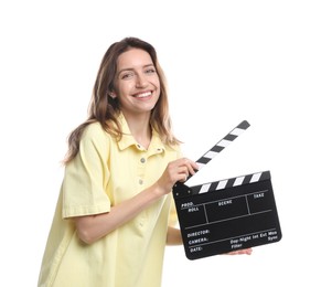 Photo of Making movie. Smiling woman with clapperboard on white background