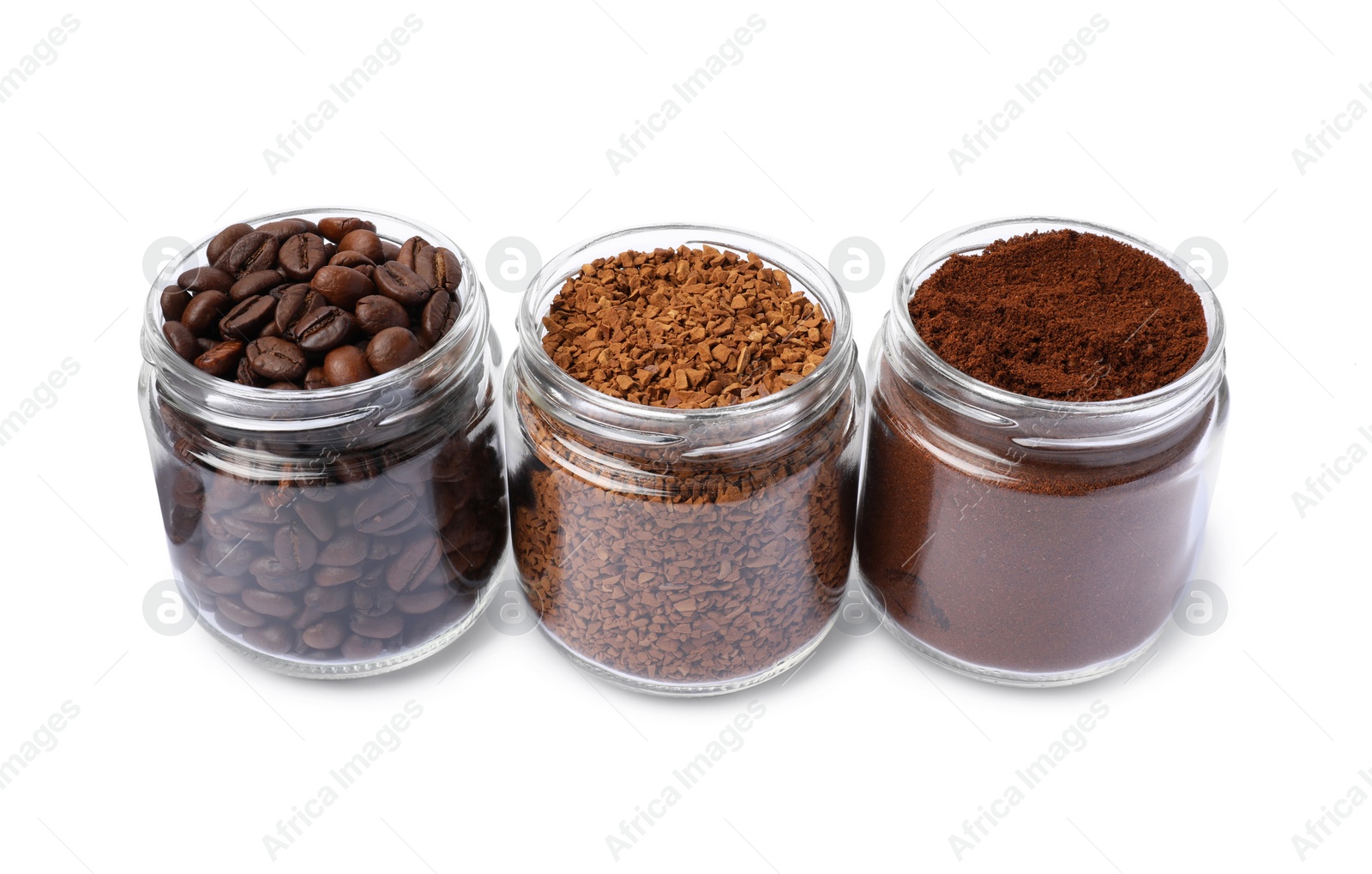 Photo of Jars with different types of coffee on white background