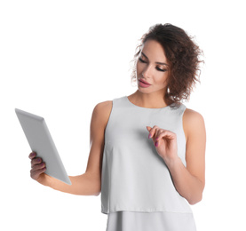 Beautiful woman with tablet on white background