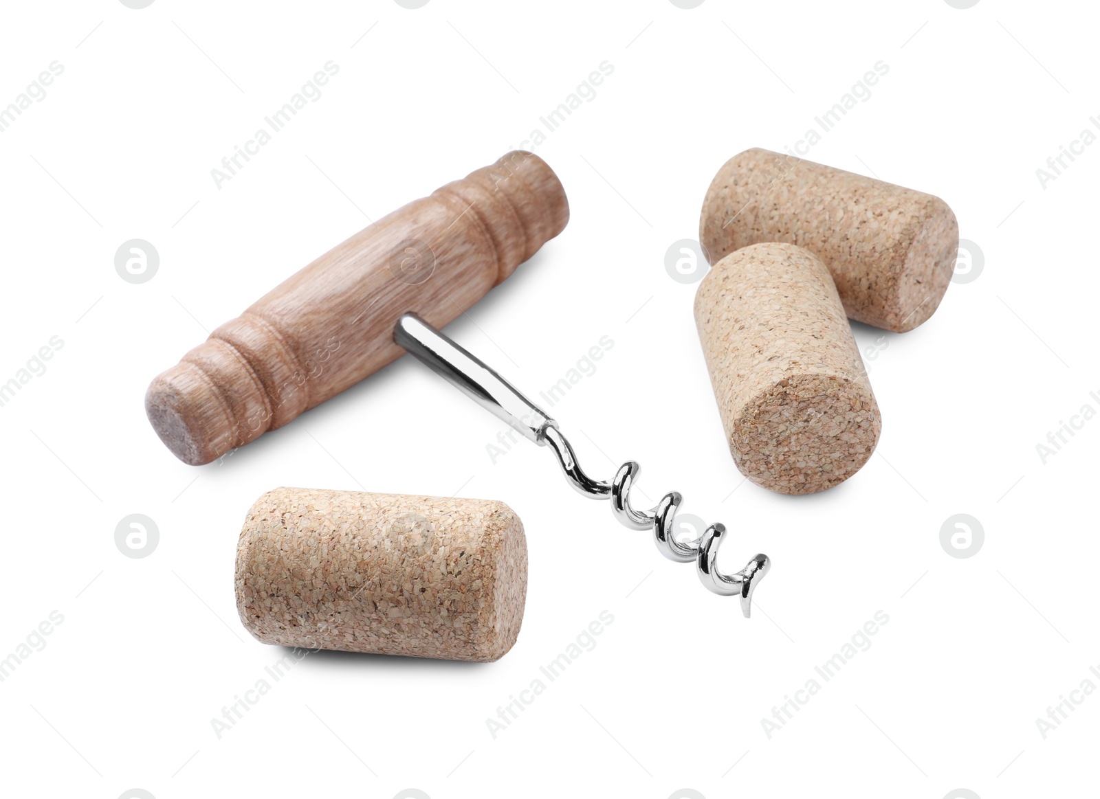 Photo of Corkscrew and wine bottle stoppers on white background