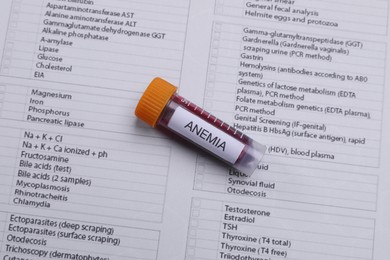 Test tube with blood sample and label Anemia on medical form, above view