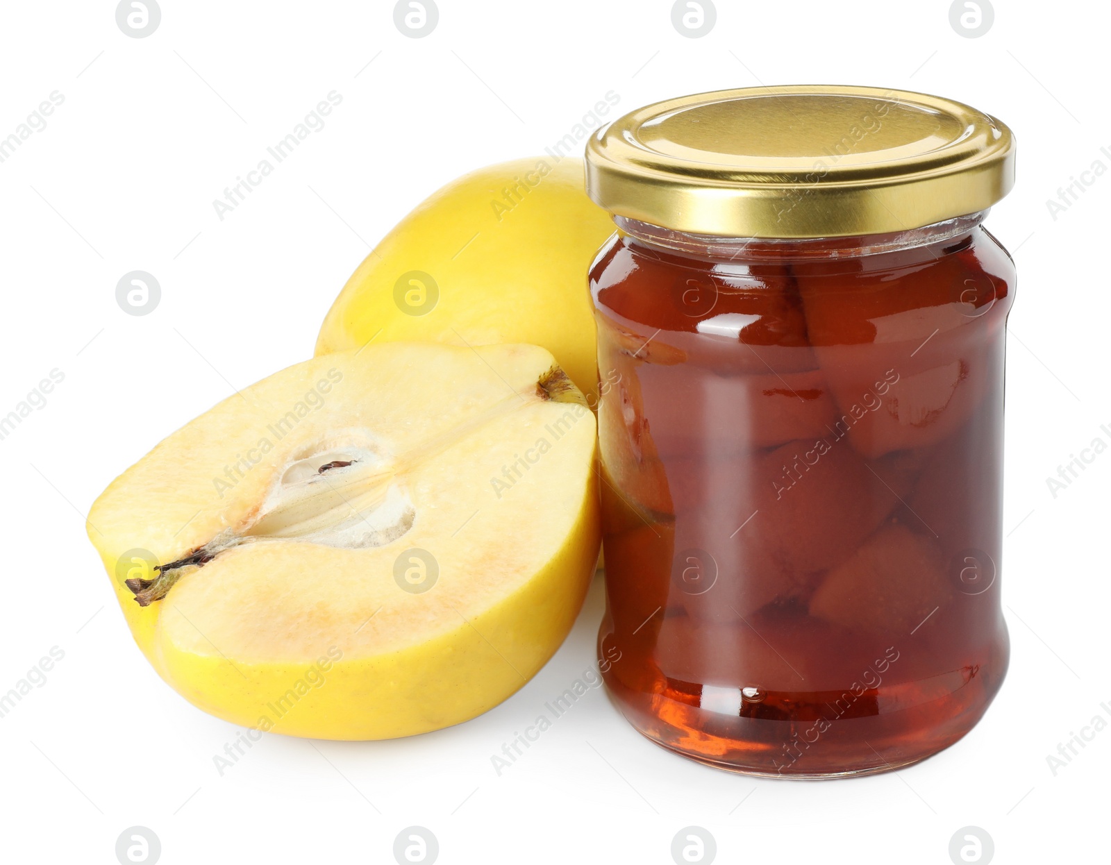 Photo of Tasty homemade quince jam in jar and fruits isolated on white