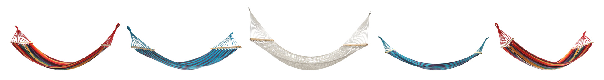 Image of Set with different hammocks on white background. Banner design