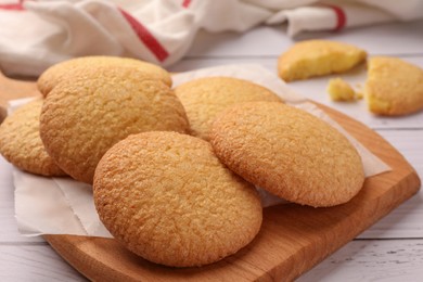 Delicious Danish butter cookies on white wooden table, closeup