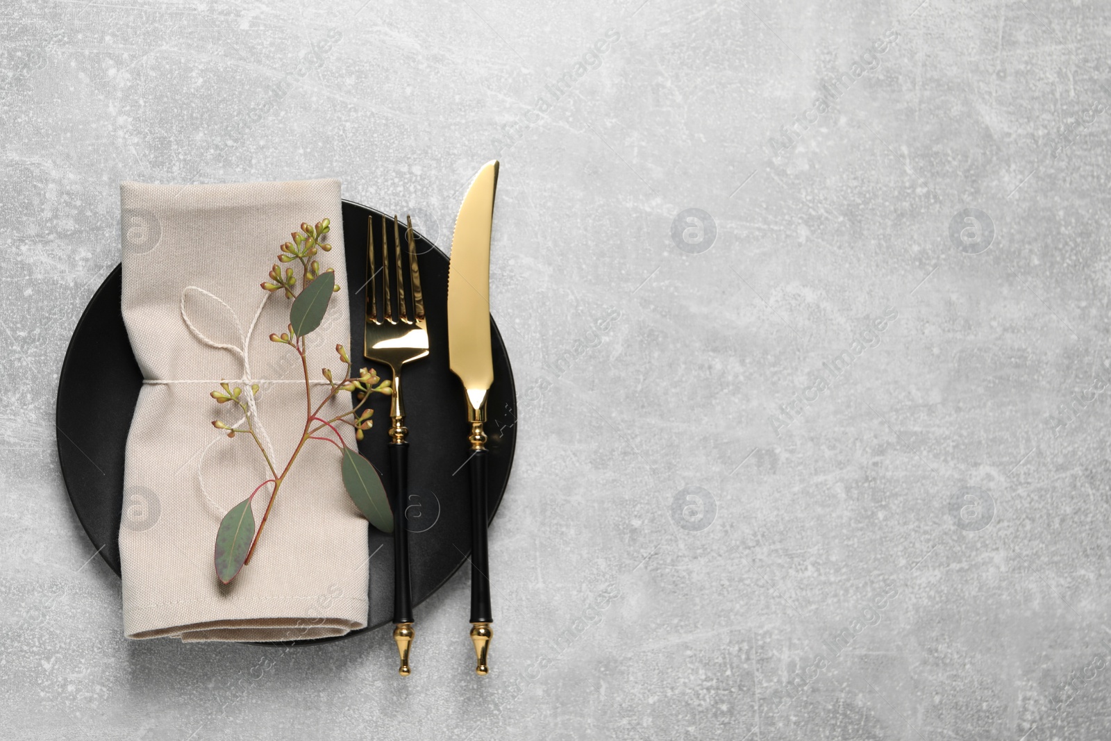 Photo of Stylish table setting with cutlery and eucalyptus leaves, top view. Space for text