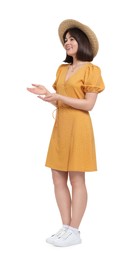 Photo of Happy woman in straw hat on white background