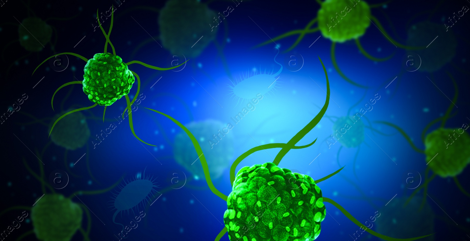 Image of Dangerous virus under microscope, illustration. Laboratory research