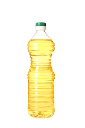 Photo of Plastic bottle of oil on white background