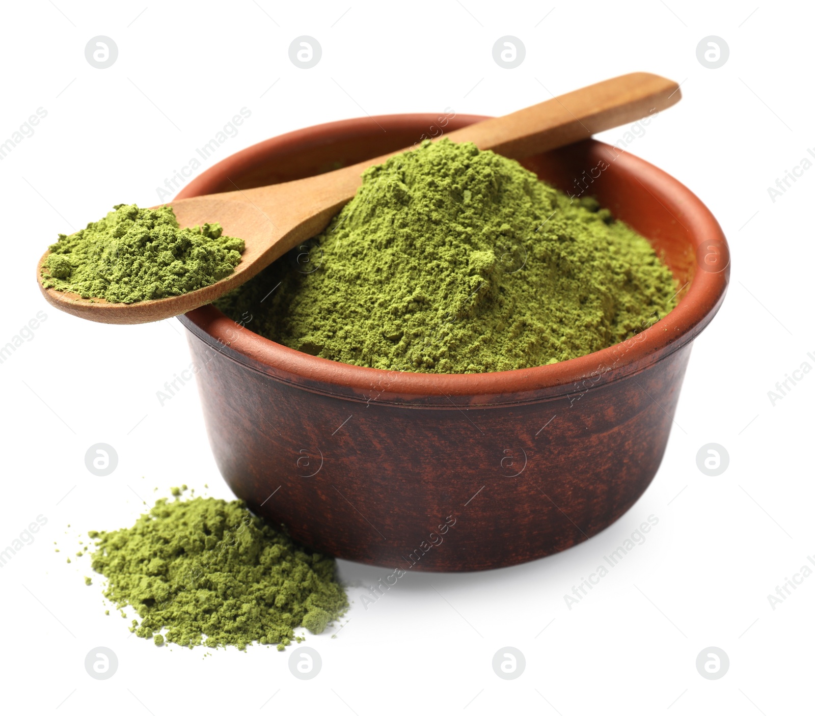 Photo of Green matcha powder in bowl and spoon isolated on white