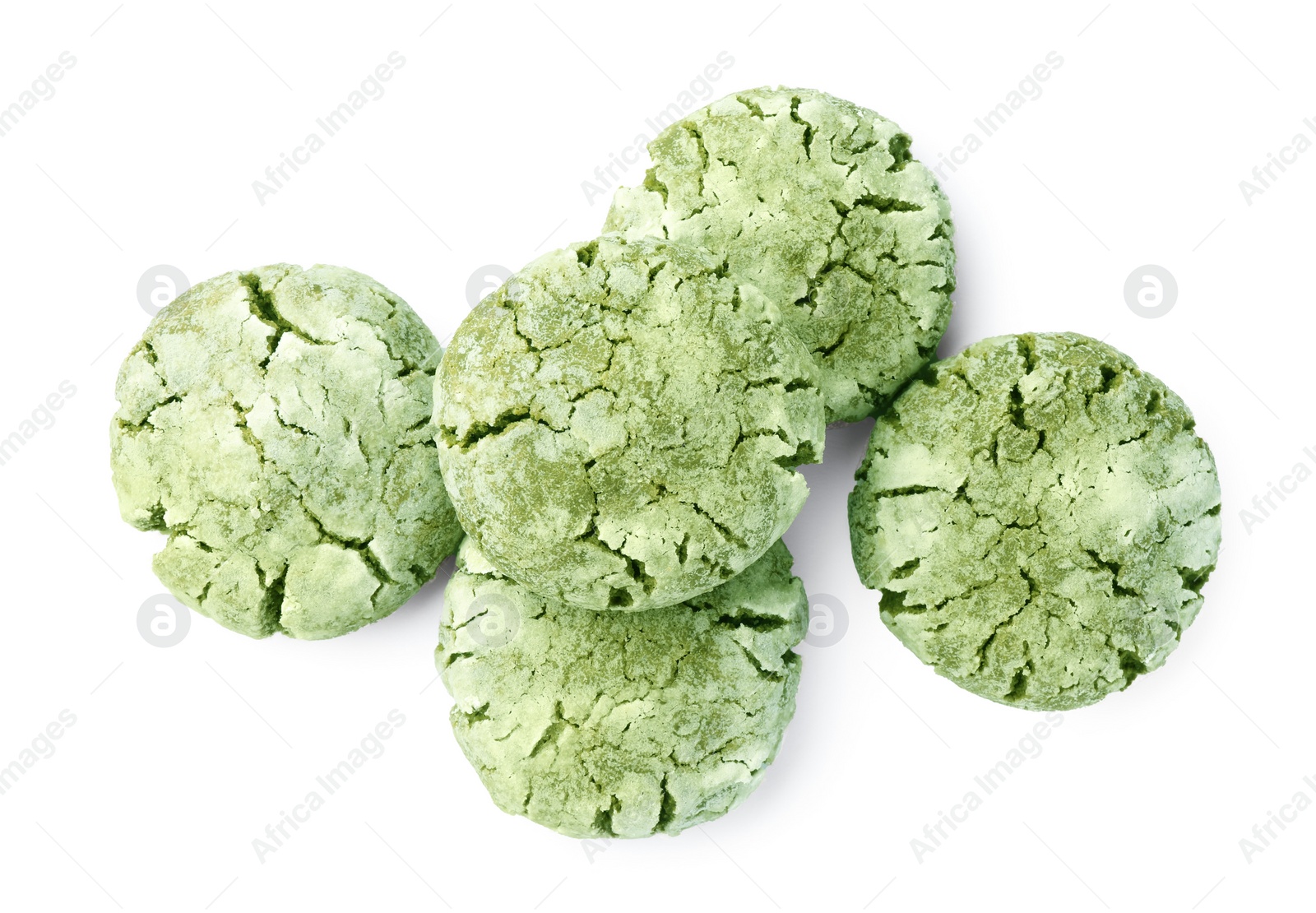 Photo of Pile of tasty matcha cookies on white background, top view