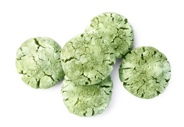 Pile of tasty matcha cookies on white background, top view