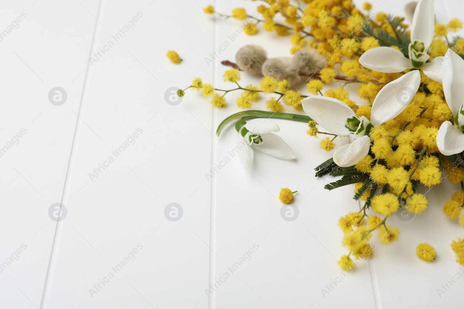 Photo of Beautiful floral composition with mimosa flowers on white wooden background, closeup. Space for text