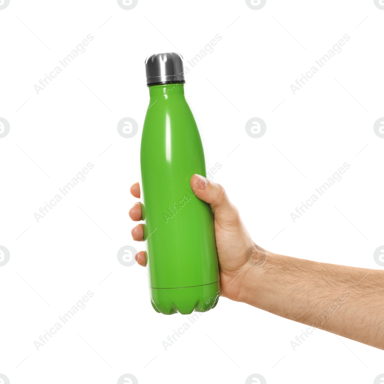 Photo of Man holding green thermos bottle on white background, closeup