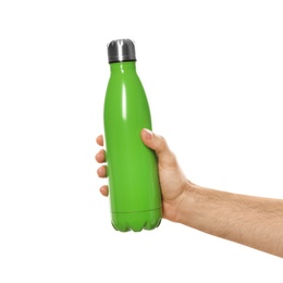 Man holding green thermos bottle on white background, closeup