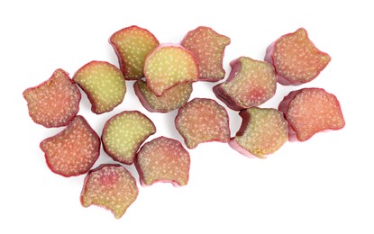 Photo of Pieces of fresh ripe rhubarb isolated on white, top view