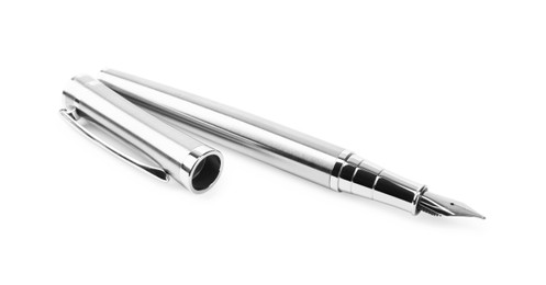 Stylish silver fountain pen isolated on white