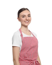 Beautiful young woman in clean striped apron on white background